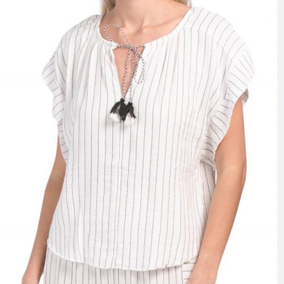 Joie Ivory Black Striped Gauzy Cotton Tassel Peasant Blouse - Picture 1 of 6